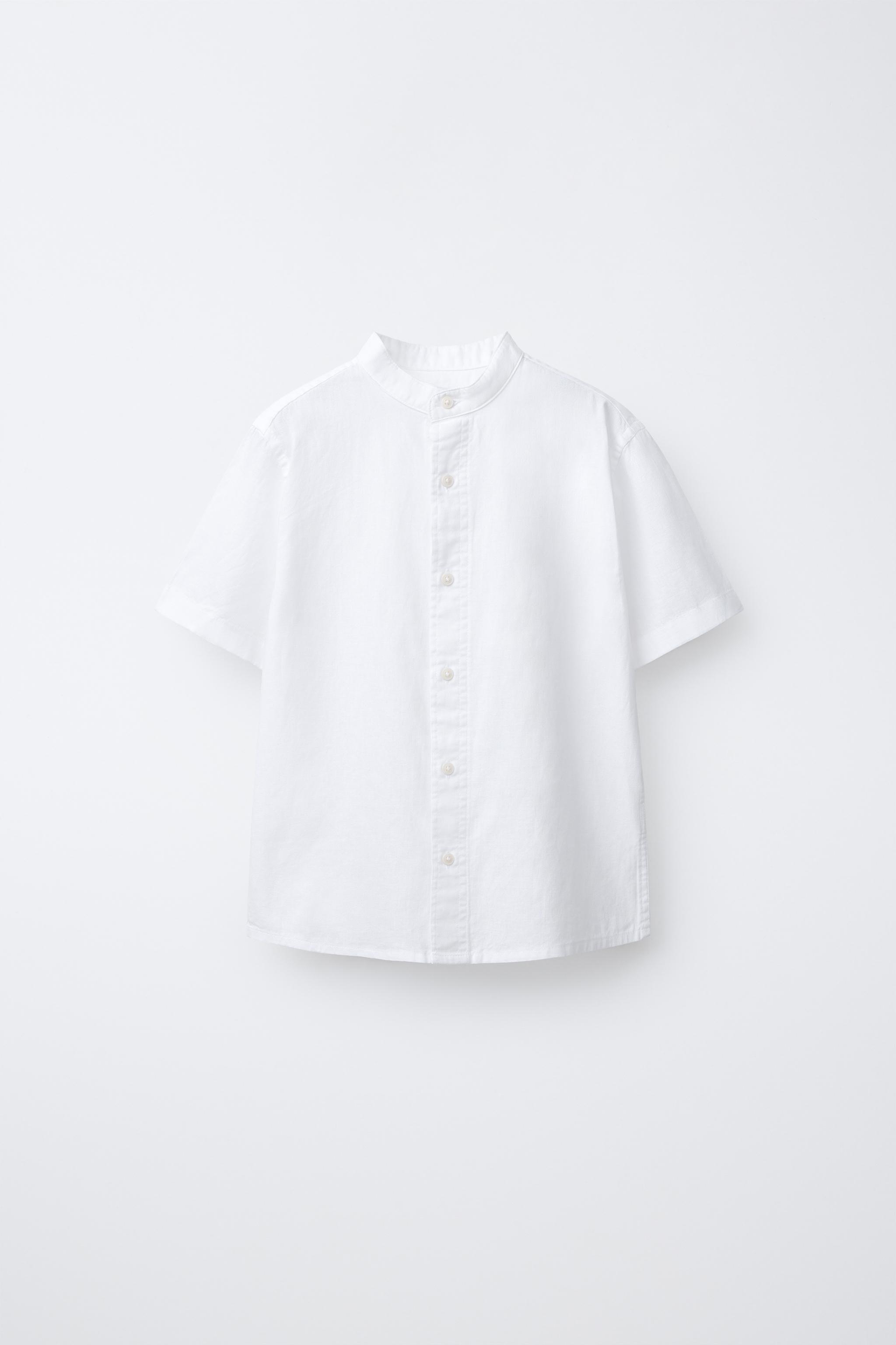 COTTON AND LINEN MANDARIN COLLAR SHIRT